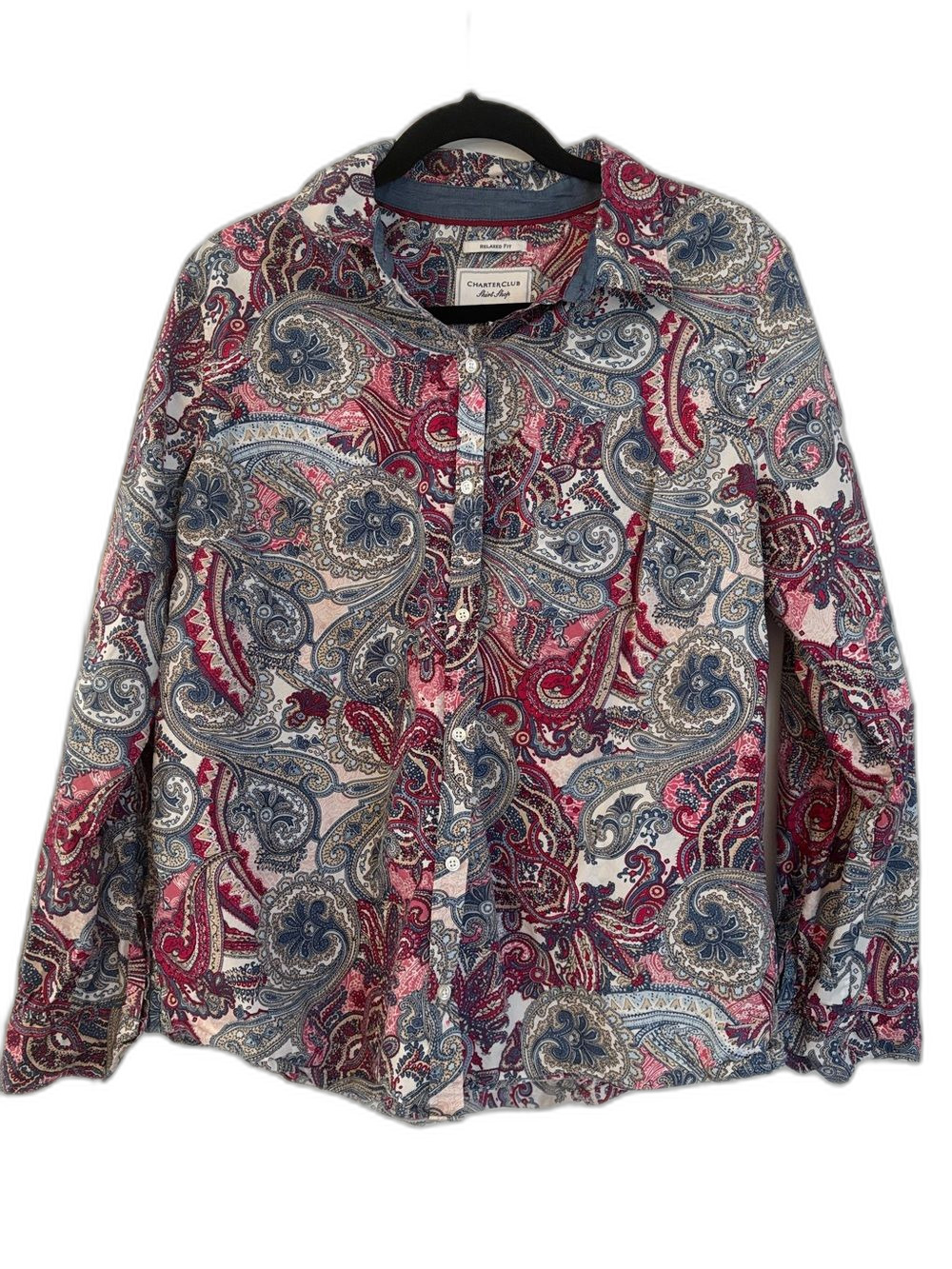 Charter Club Relaxed Fit Paisley Button Down Shirt Sz 14 Pink Blue Cotton Top